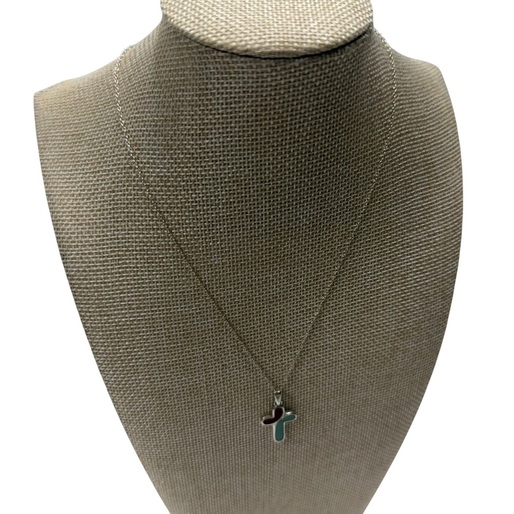 Sterling Silver 925 Native American turquoise and coral Cross Pendant Necklace
